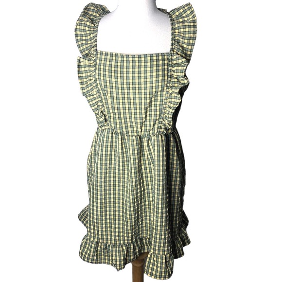 Green Yellow Gingham Ruffle Mini Dress M – Square Neck, Smocked Back Cottagecore - Picture 1 of 6